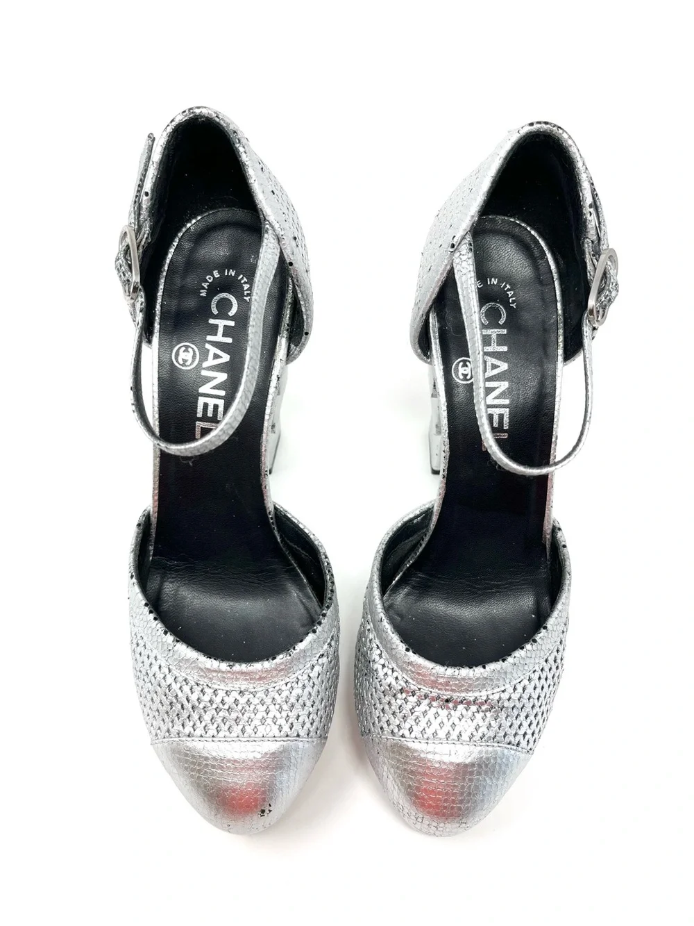 Vintage Chanel Silver Leather CC Logo Cap Toe Platform High Heels Pumps 36.5
